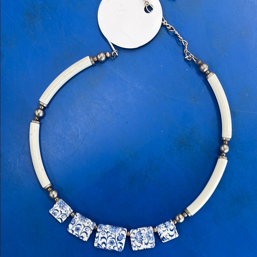 Japanese Art Deco Porcelain Necklace. Blue and White Necklace
